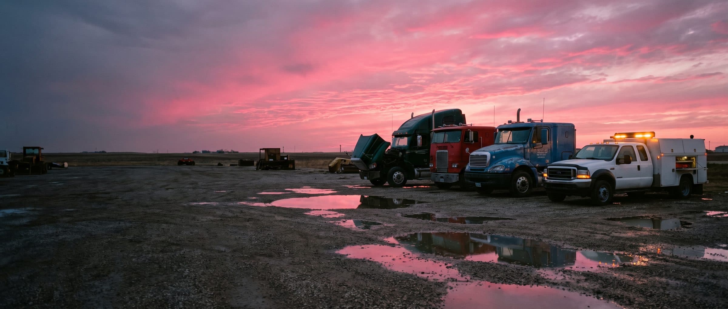 Three different semi trucks and a service truck with amber work lights parked side by side at a diesel repair yard at dusk