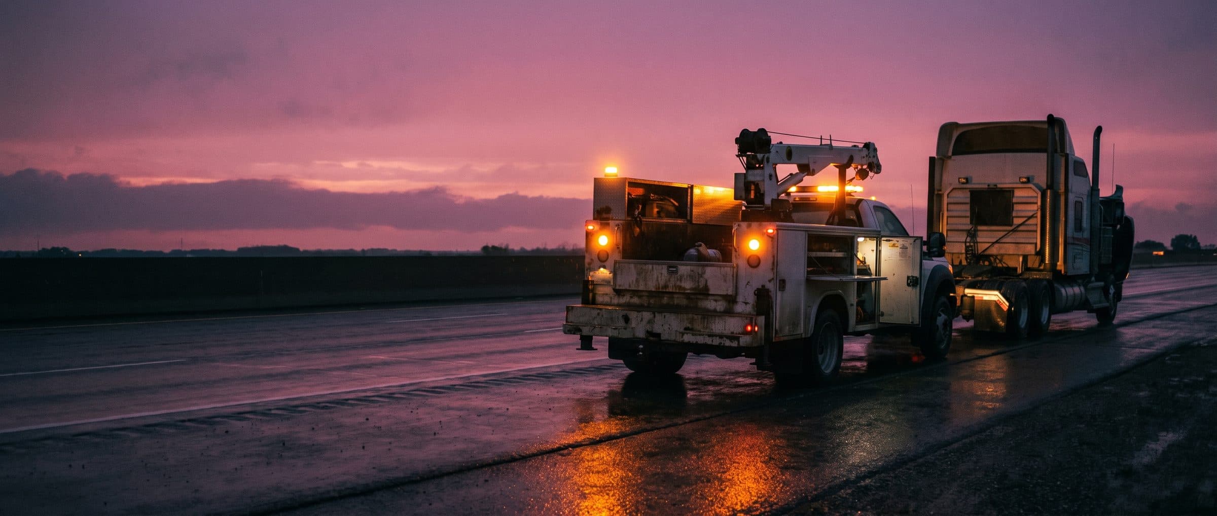 A mobile diesel service truck with its work lights on, parked behind a stopped semi on a wet highway shoulder at dusk
