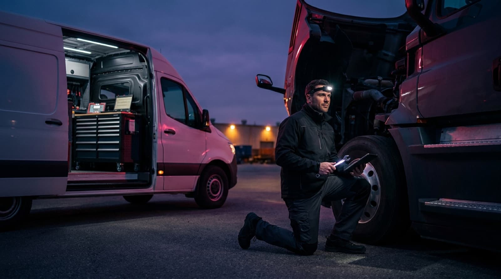 A mobile diesel technician working a job at dusk with a service van