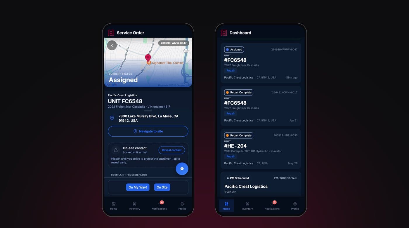 MetaFleet technician view on two phones: a road call with the job site and on-site steps, and the tech job list