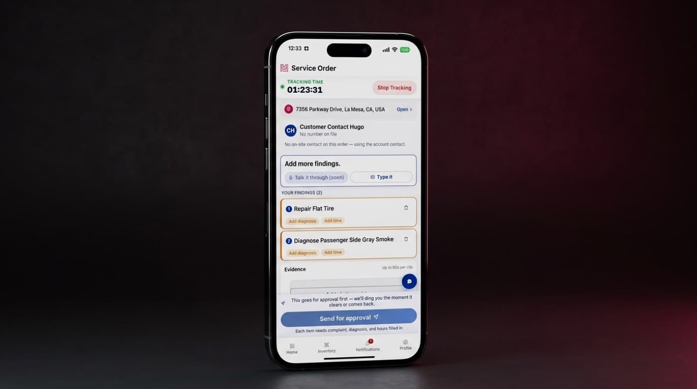 MetaFleet technician mobile app showing findings capture and send-for-approval, on an iPhone