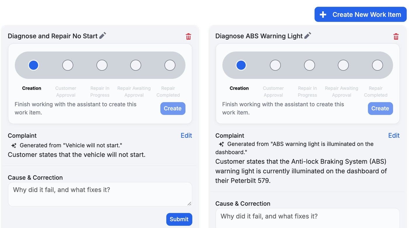 MetaFleet work items the AI wrote from a dispatcher's shorthand, each marked with the note it was generated from