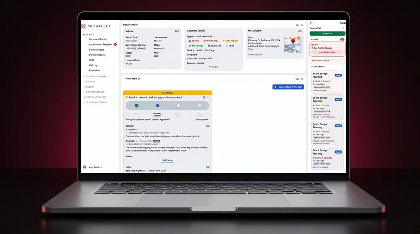 MetaFleet work order with an AI-generated complaint and diagnosis, shown on a laptop