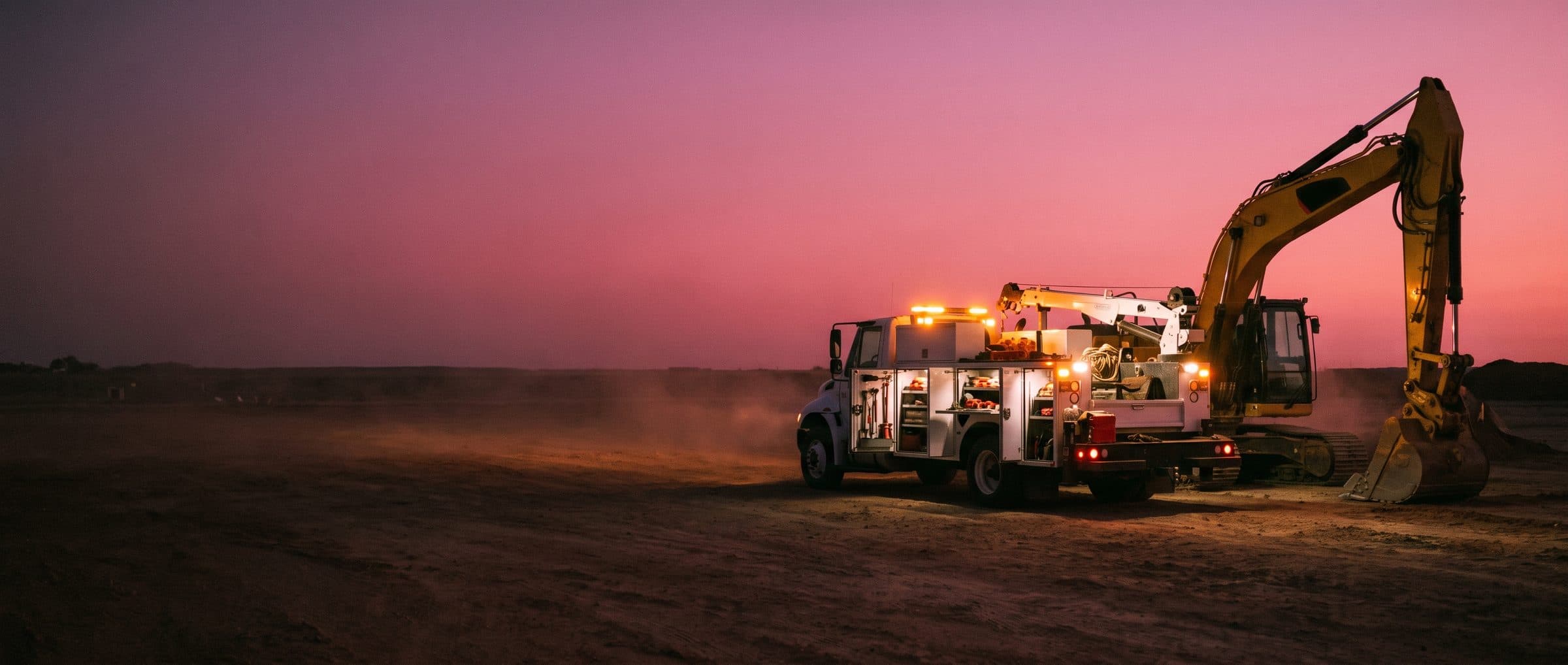 A mobile diesel service truck with its work lights on beside a yellow excavator on a construction site at dusk