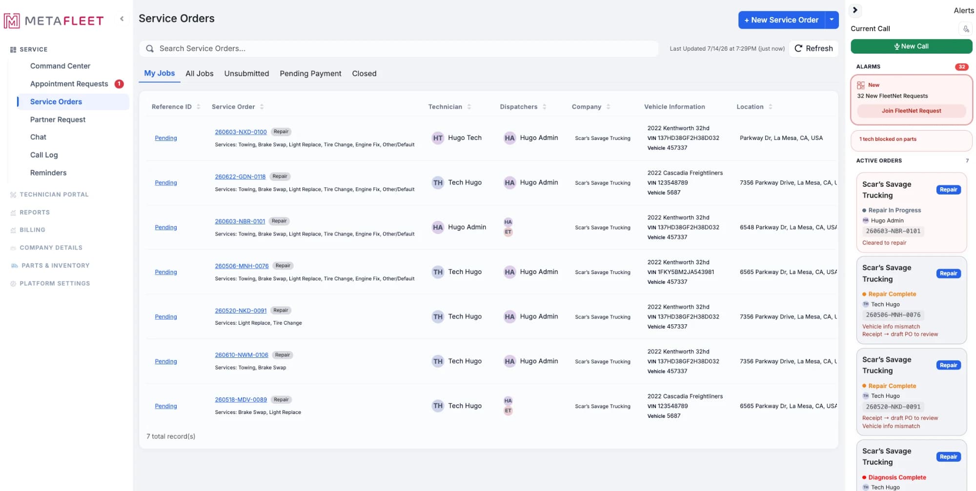 MetaFleet desktop service-orders board with a live call panel and active orders