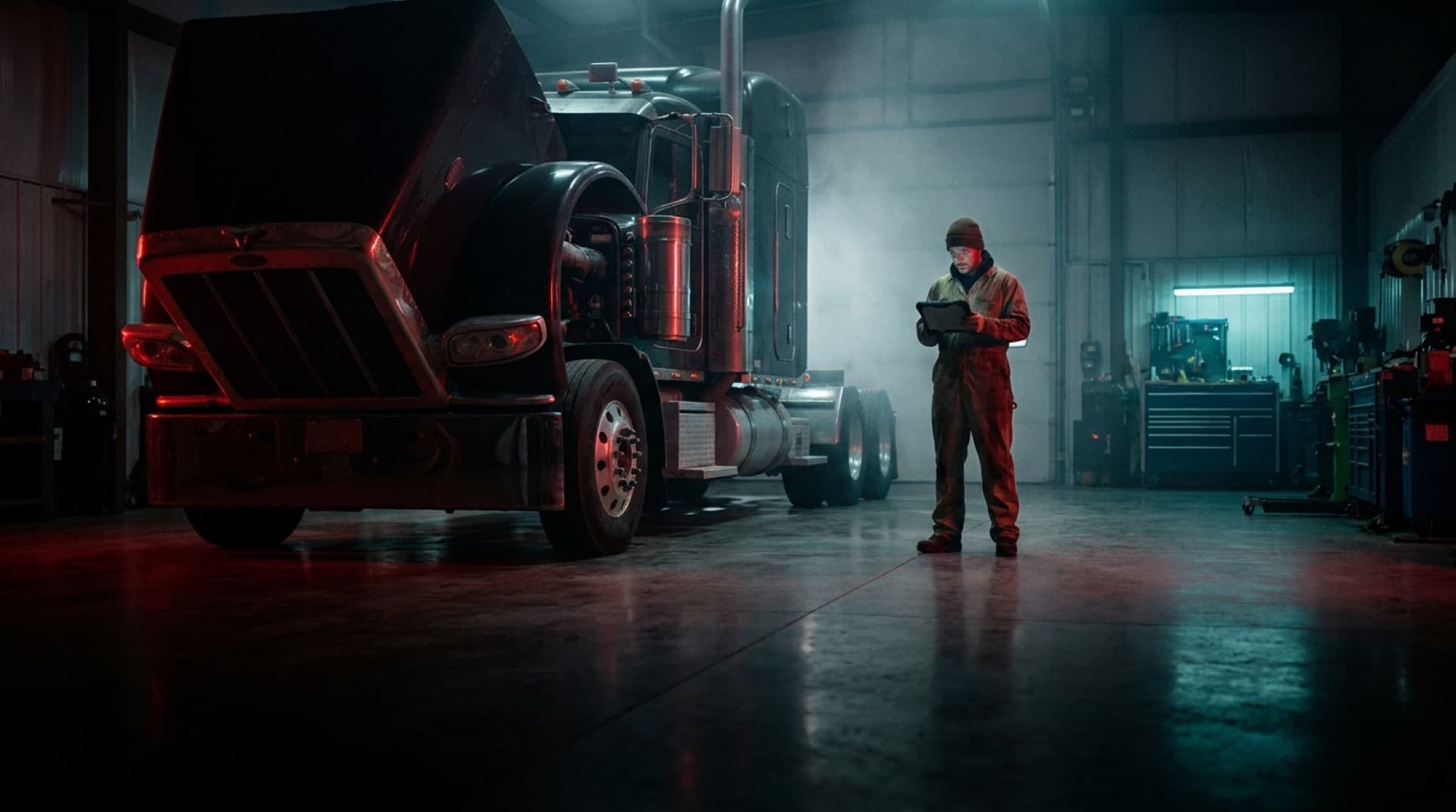 A heavy-duty diesel truck in a dark repair bay at night, a technician working from a rugged tablet