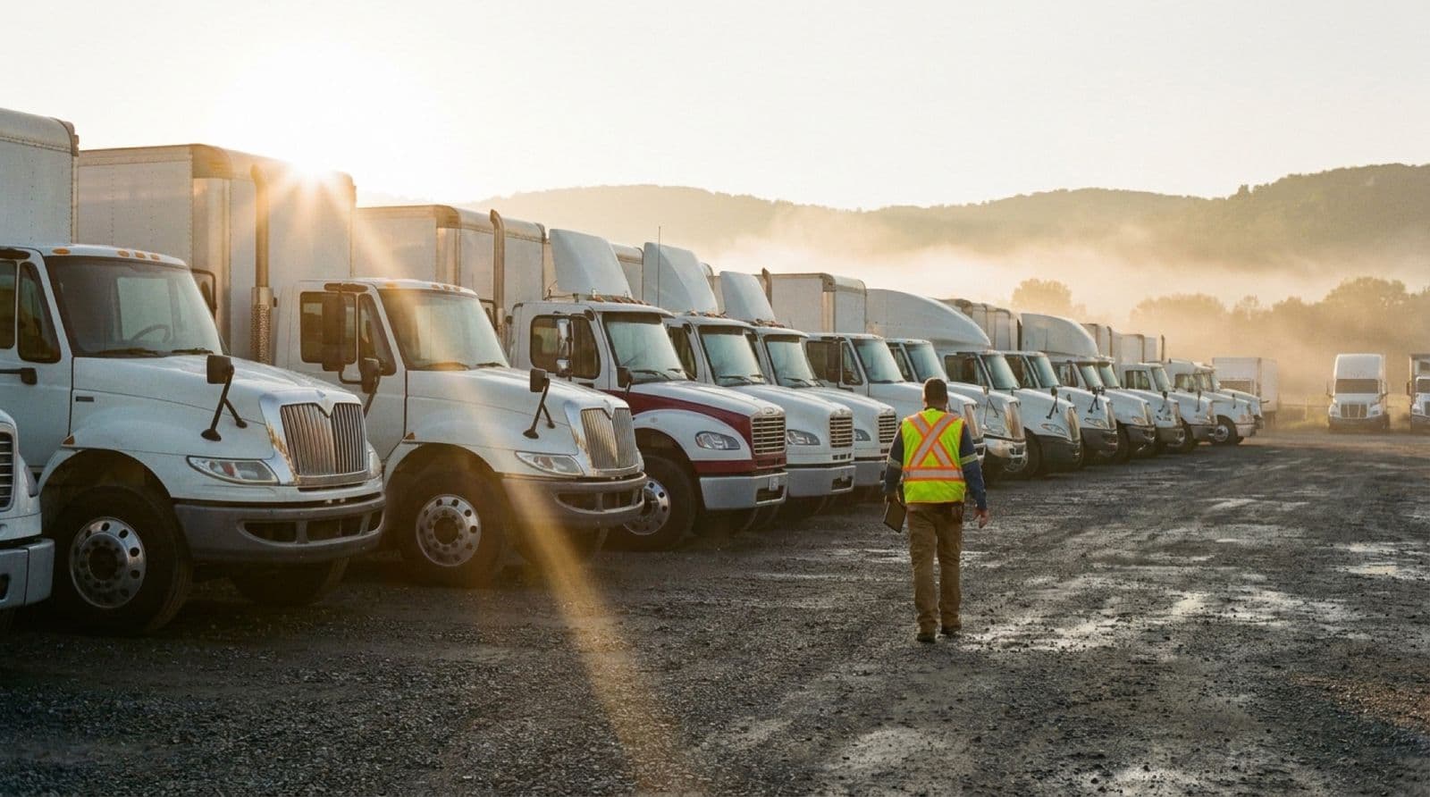 A worker in a safety vest carries a tablet along a long row of white box trucks and tractors parked in a gravel yard at sunrise