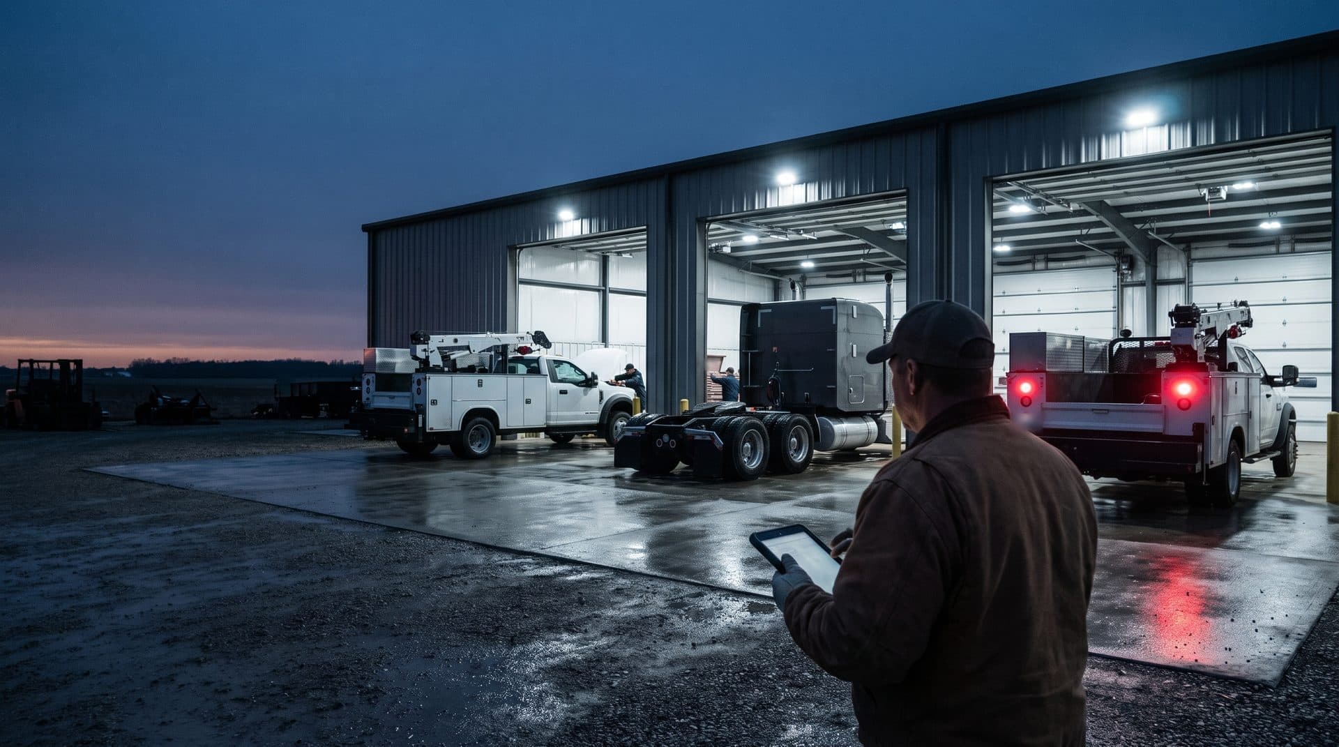 A diesel shop owner seen from behind with a tablet at dusk, looking toward lit bays holding two crane-body service trucks and a Class 8 tractor