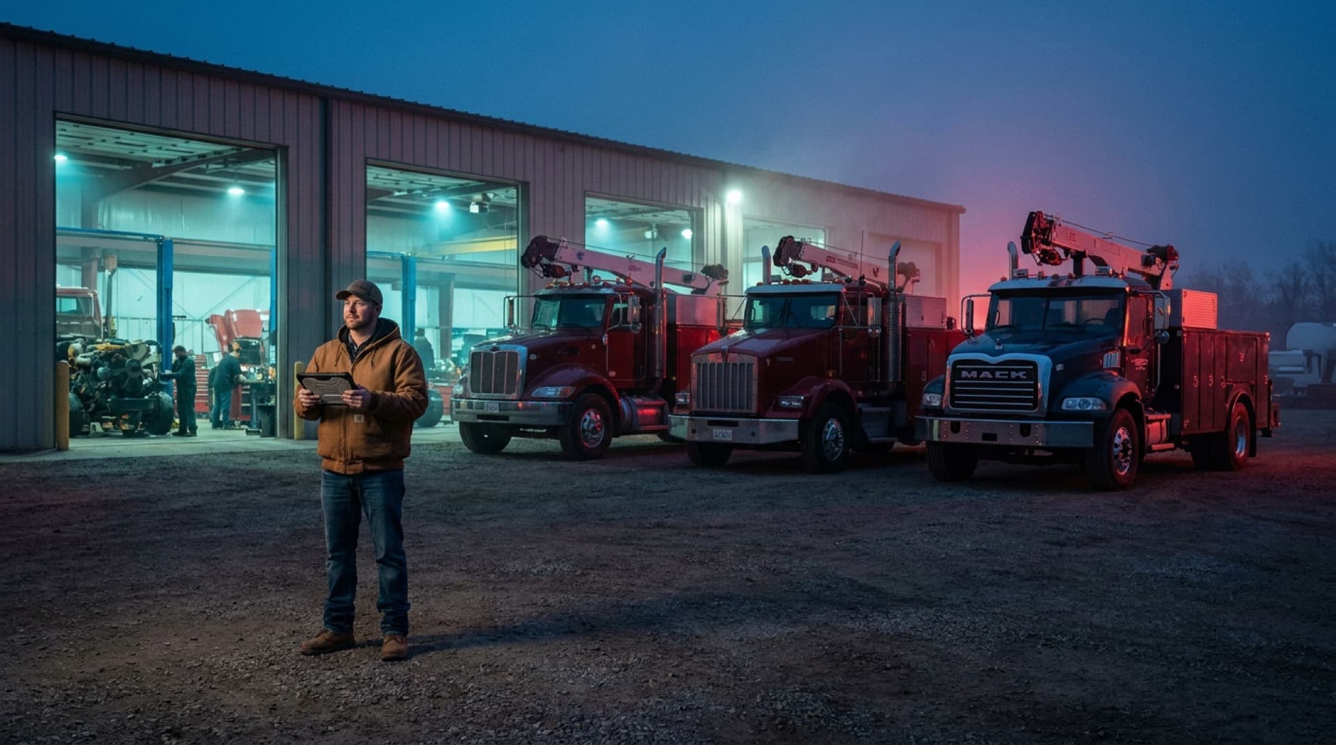 Three heavy-duty diesel service trucks outside a lit multi-bay shop at dusk, an owner studying a tablet
