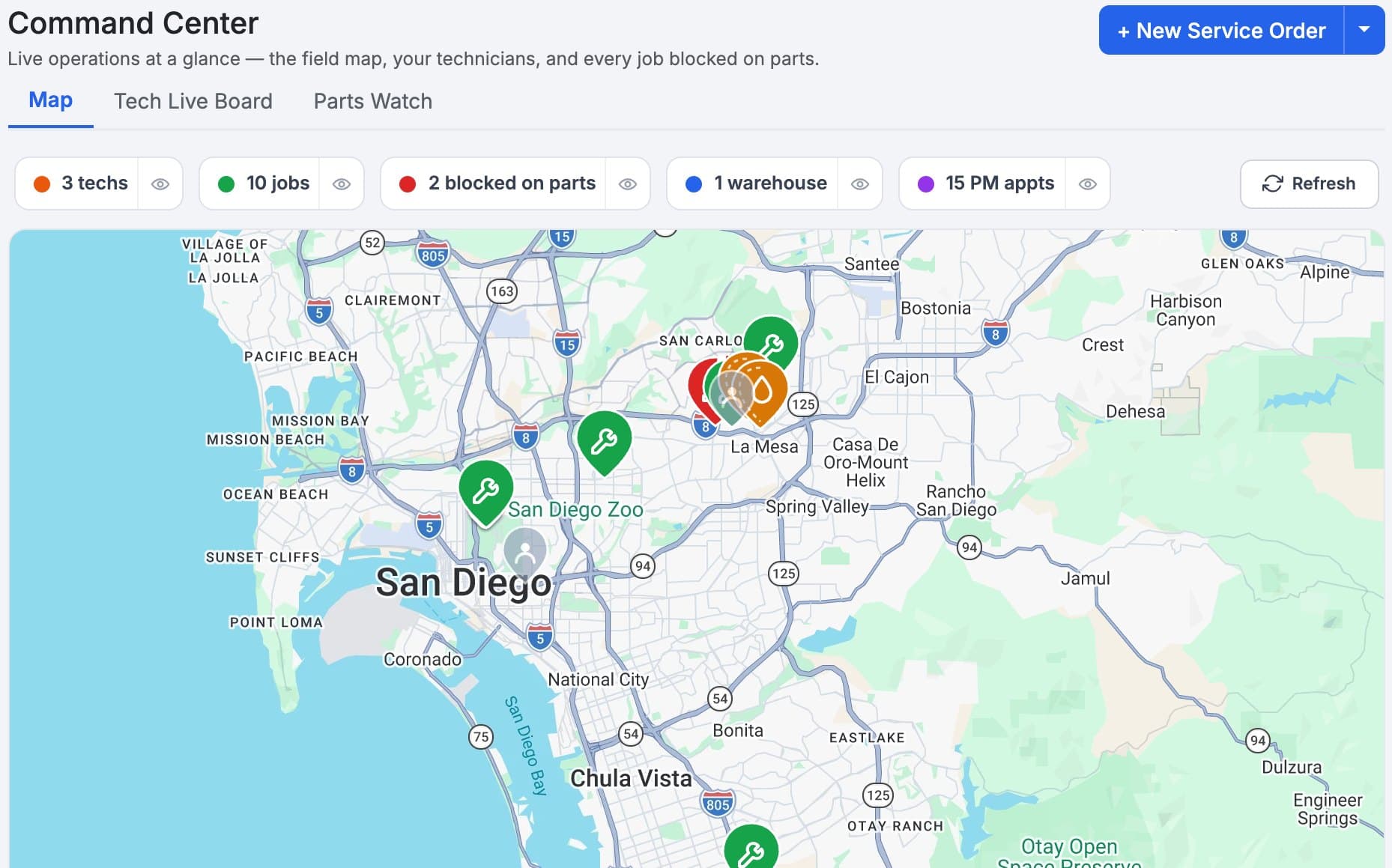 MetaFleet Command Center map of the San Diego area with technicians, open repair jobs, jobs blocked on parts and scheduled PM visits