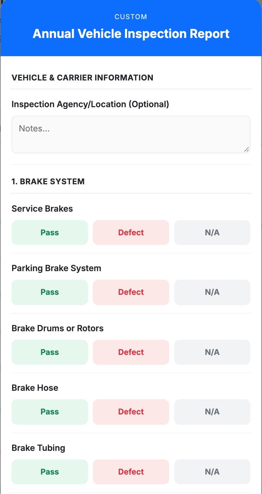 An annual vehicle inspection in MetaFleet as the tech sees it, with pass, defect and N/A for each brake system item