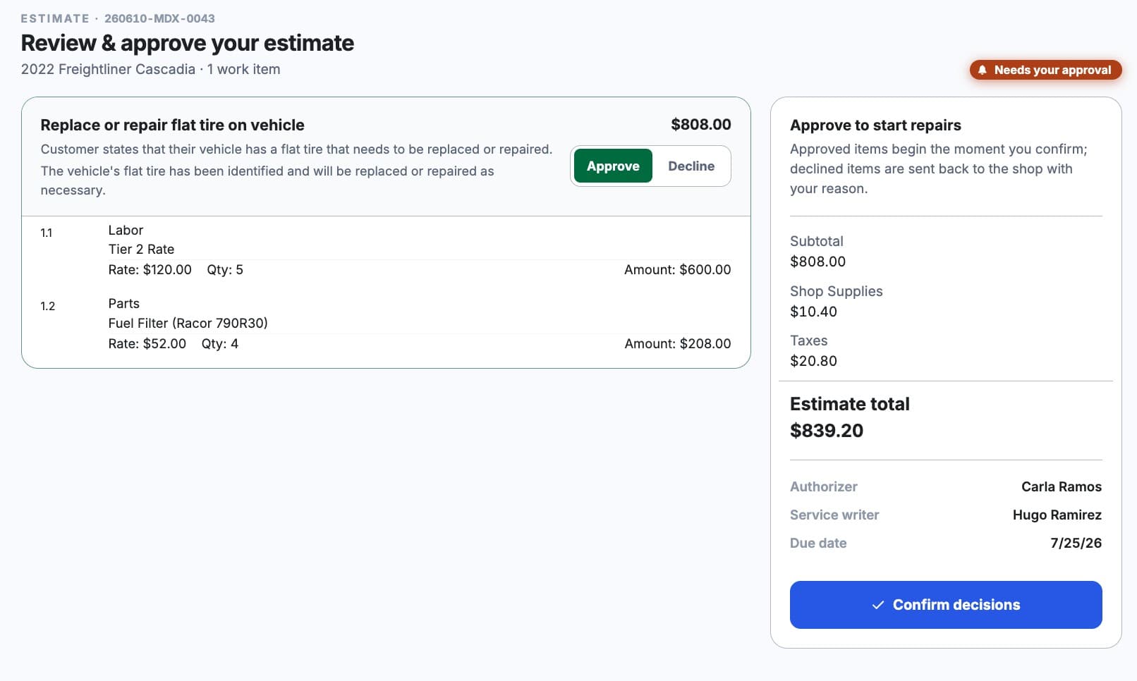 What a fleet customer sees: a MetaFleet estimate to review and approve, with Approve and Decline on each repair, the labor and parts, and the estimate total