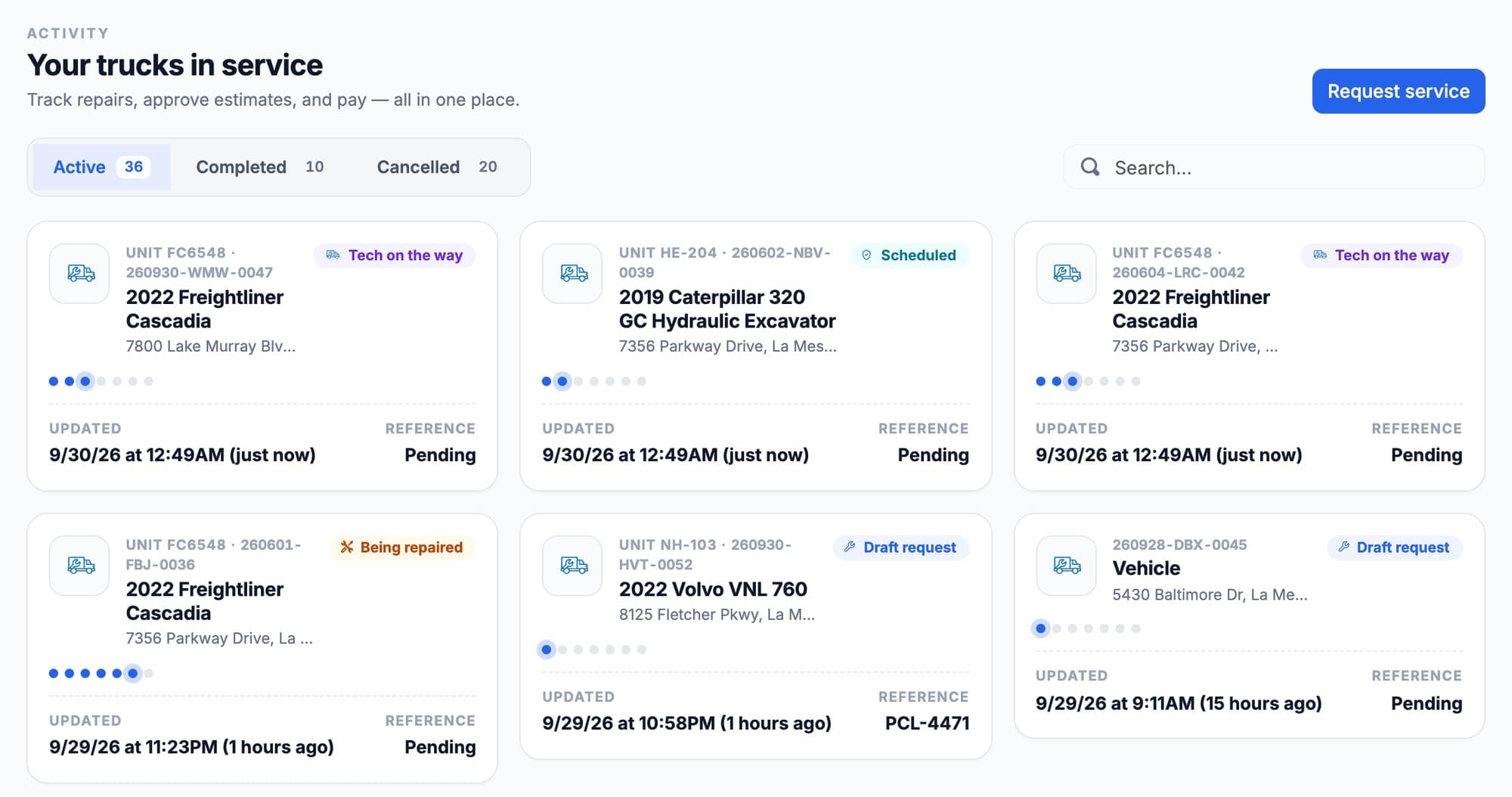The MetaFleet customer portal: a fleet manager's trucks in service, each job showing its live status such as tech on the way, being repaired, diagnosing or ready to review and pay