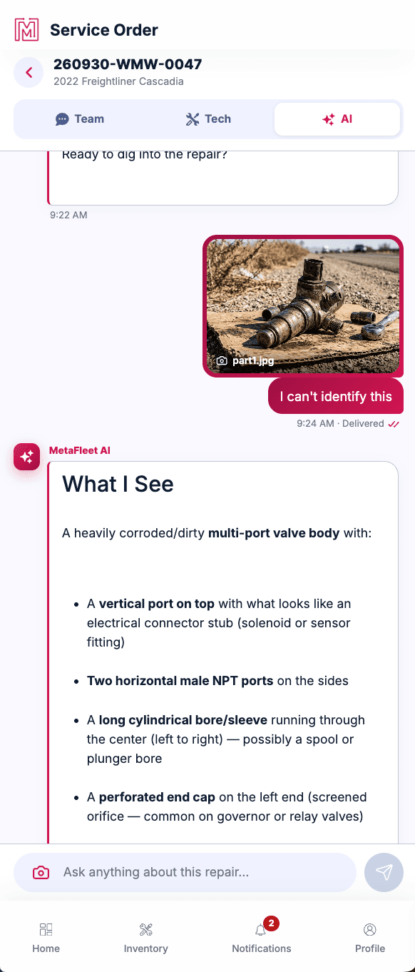 On a service order, a technician sends MetaFleet's AI assistant a photo of a corroded part with the note 'I can't identify this', and the AI describes what it sees: a multi-port valve body with NPT ports and a screened orifice