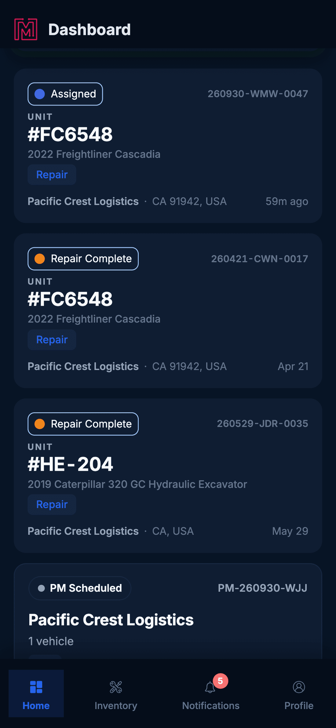 A technician's job list in MetaFleet: an assigned road call, completed repairs on a Cascadia and a Caterpillar excavator, and a scheduled PM visit