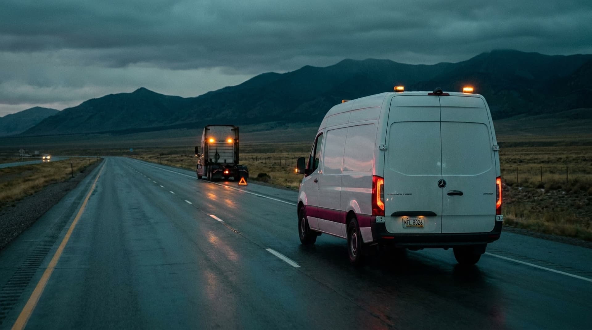 A white service van with amber roof lights heading toward a broken-down semi and its warning triangle on a wet desert highway at dusk