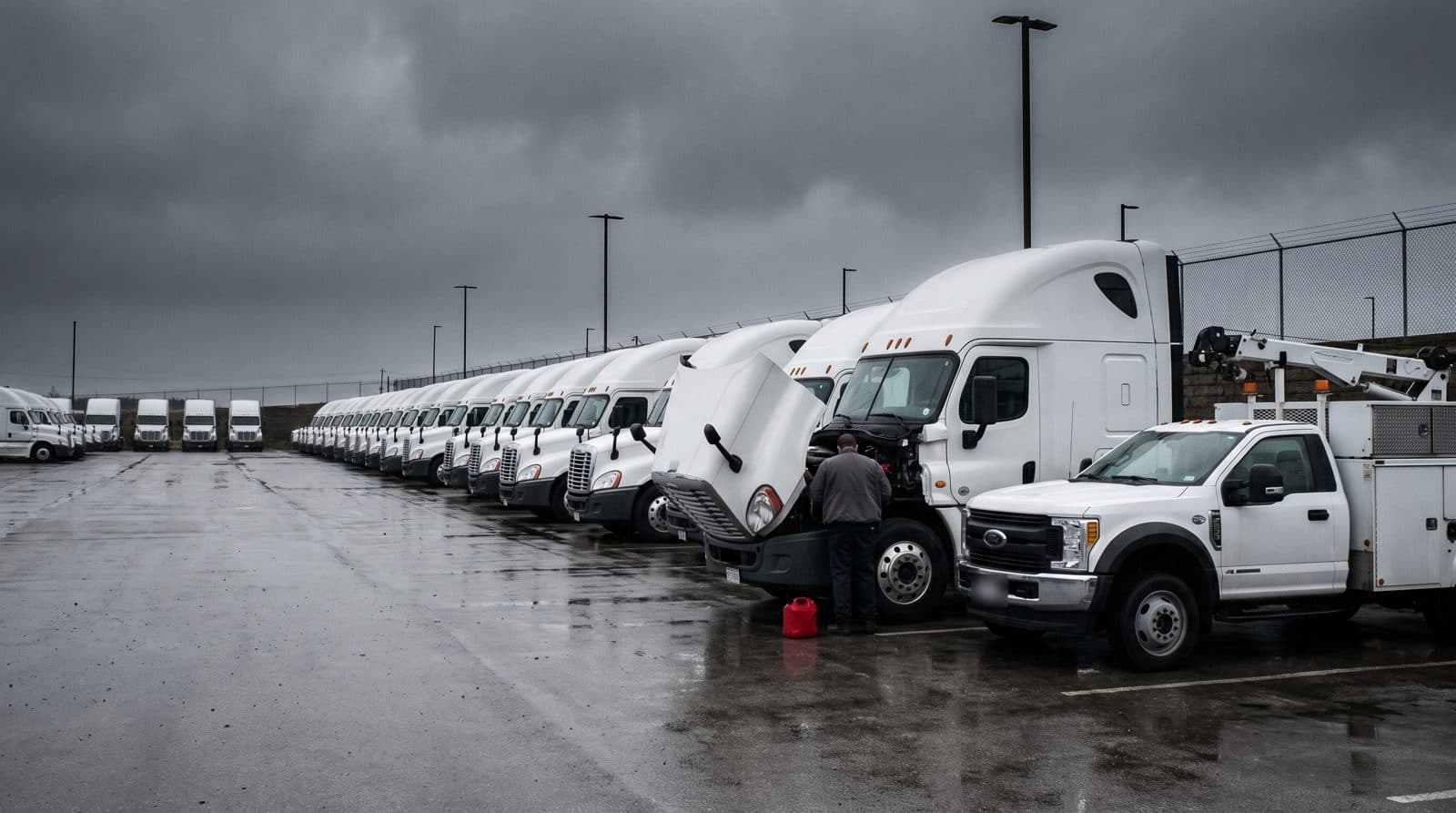 A technician checks fluids under the tilted hood of a white semi tractor in a fleet yard, rows of identical tractors and a service truck beside him