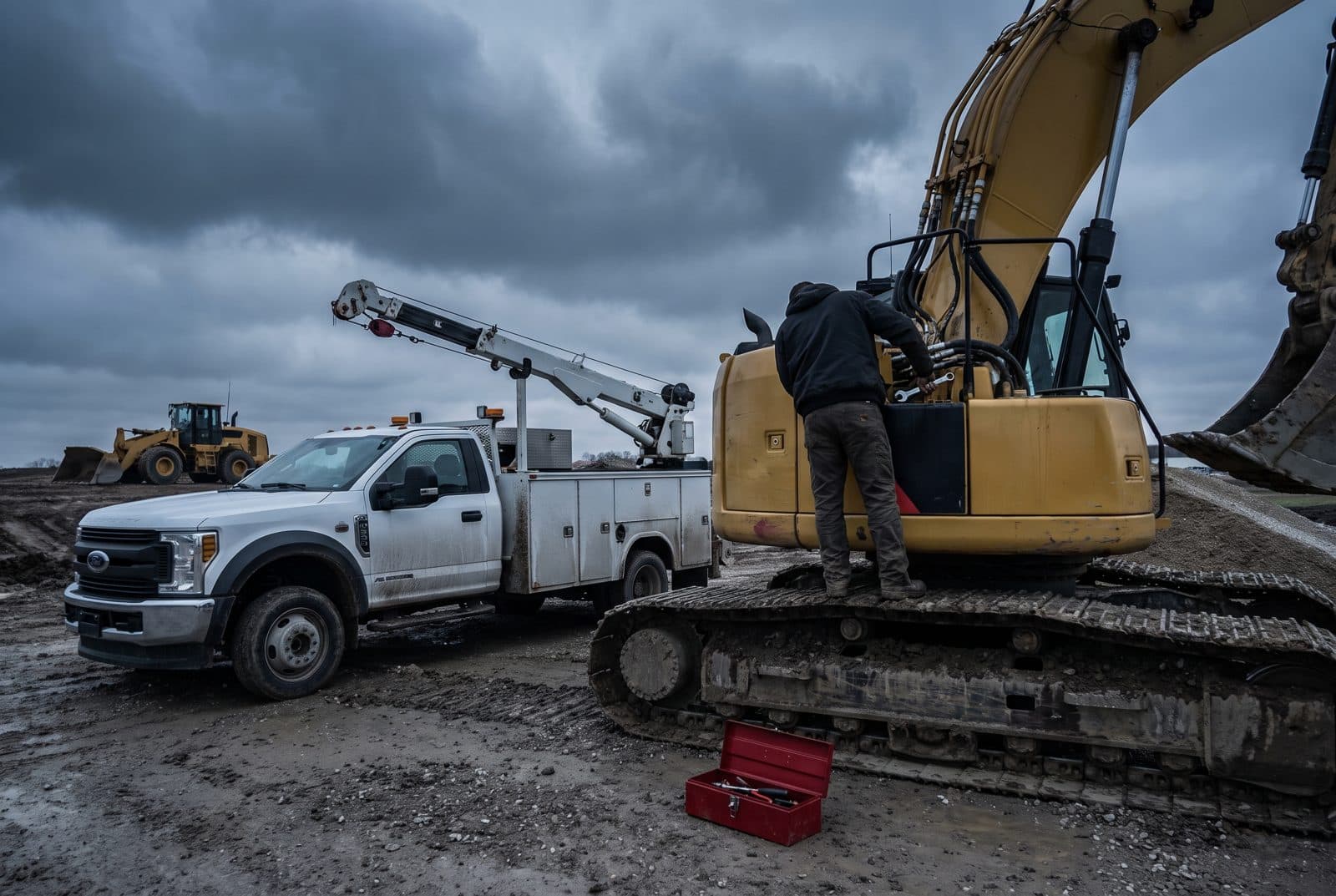 A heavy-equipment technician stands on the track of a yellow excavator working on the boom hydraulics, with a service truck's crane reaching in and a wheel loader in the background