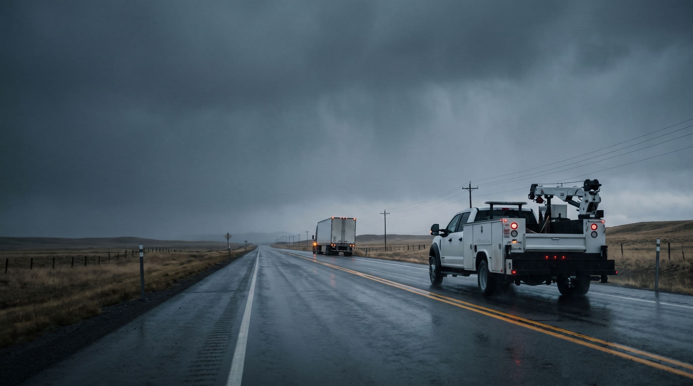 A white mobile service truck with a crane drives down a wet two-lane highway under a heavy sky toward a semi-trailer stopped ahead