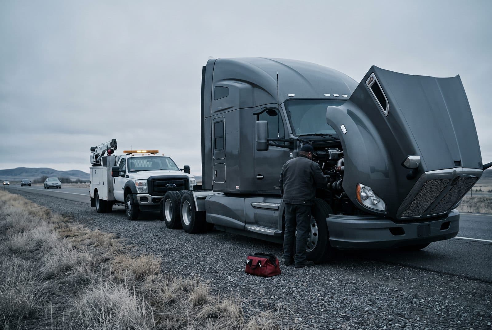 A mobile diesel technician works in the engine bay of a semi tractor with its hood tilted forward on a highway shoulder, his service truck parked behind