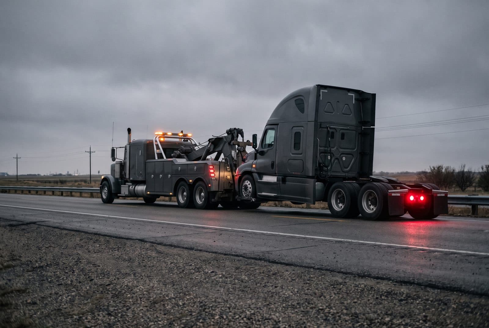A heavy wrecker tows a semi tractor down a highway with the tractor's front axle lifted on the underlift
