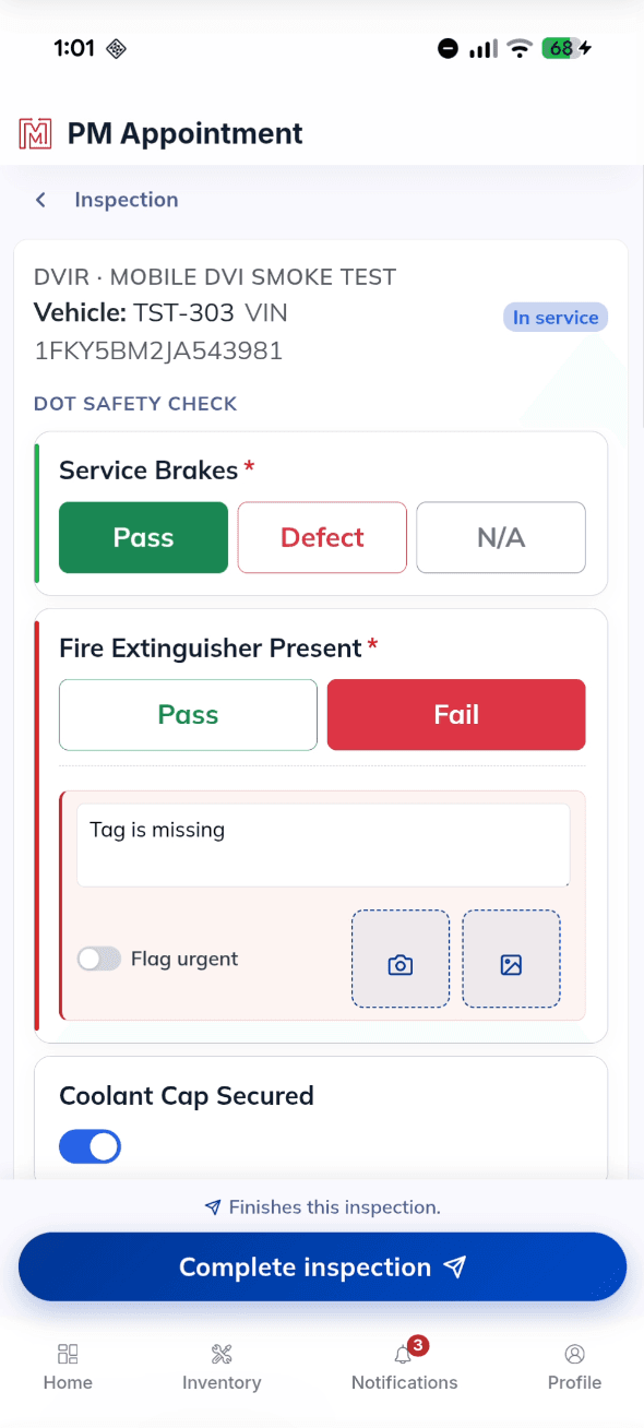 MetaFleet mobile PM and inspection screen