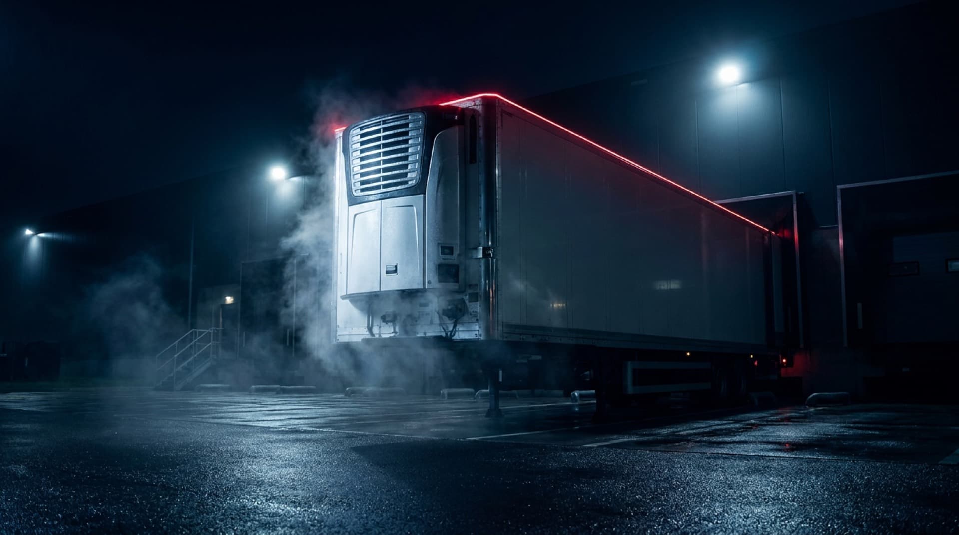 A refrigerated trailer at a loading dock at night, cold vapor rising from the reefer unit