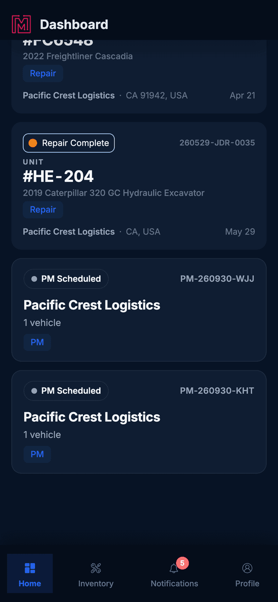 MetaFleet mobile PM and inspection screen