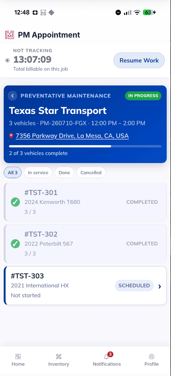 MetaFleet mobile PM and inspection screen