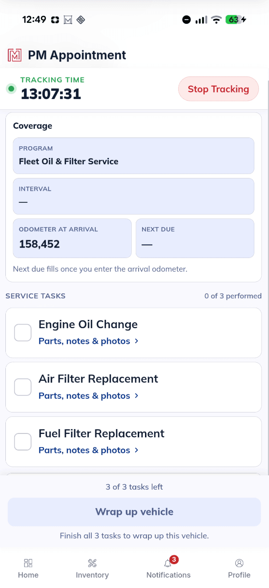 MetaFleet mobile PM and inspection screen