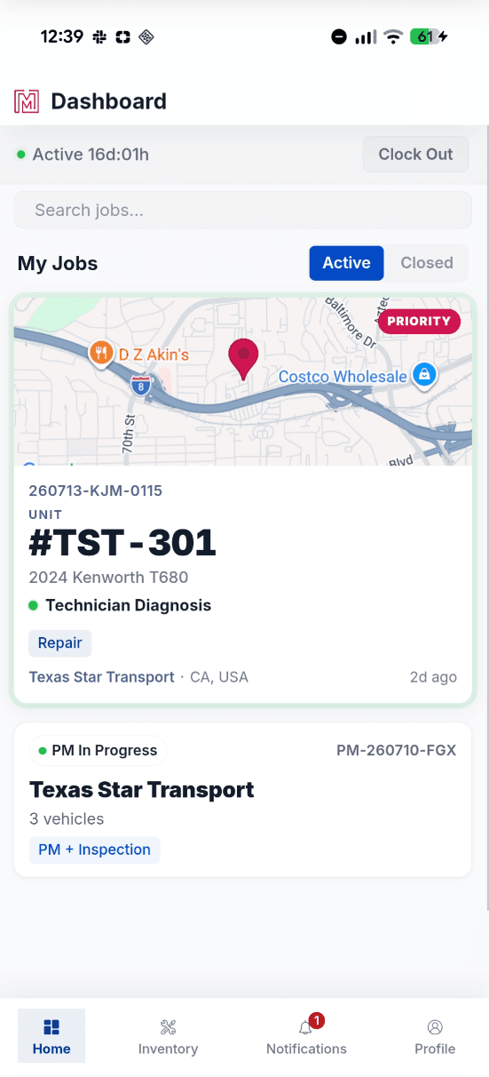 MetaFleet mobile technician app screen