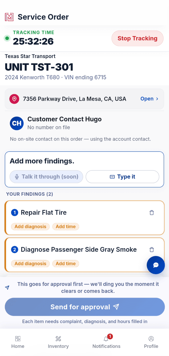 MetaFleet mobile technician app screen