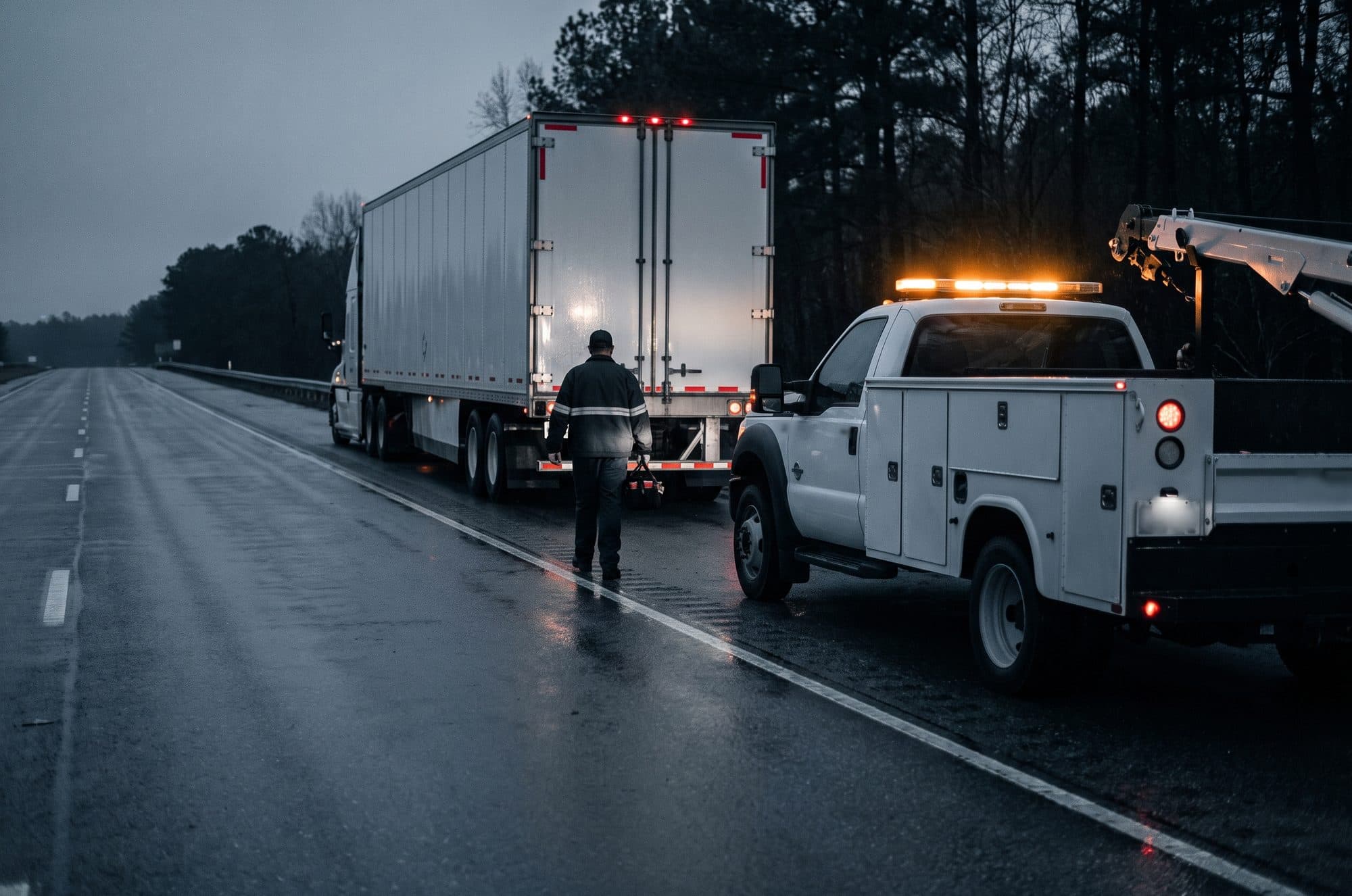 A mobile diesel tech walking from his crane-body service truck toward a tractor-trailer broken down on a highway shoulder