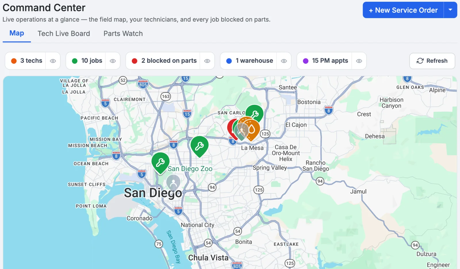MetaFleet Command Center map of technicians and open repair jobs across the San Diego area