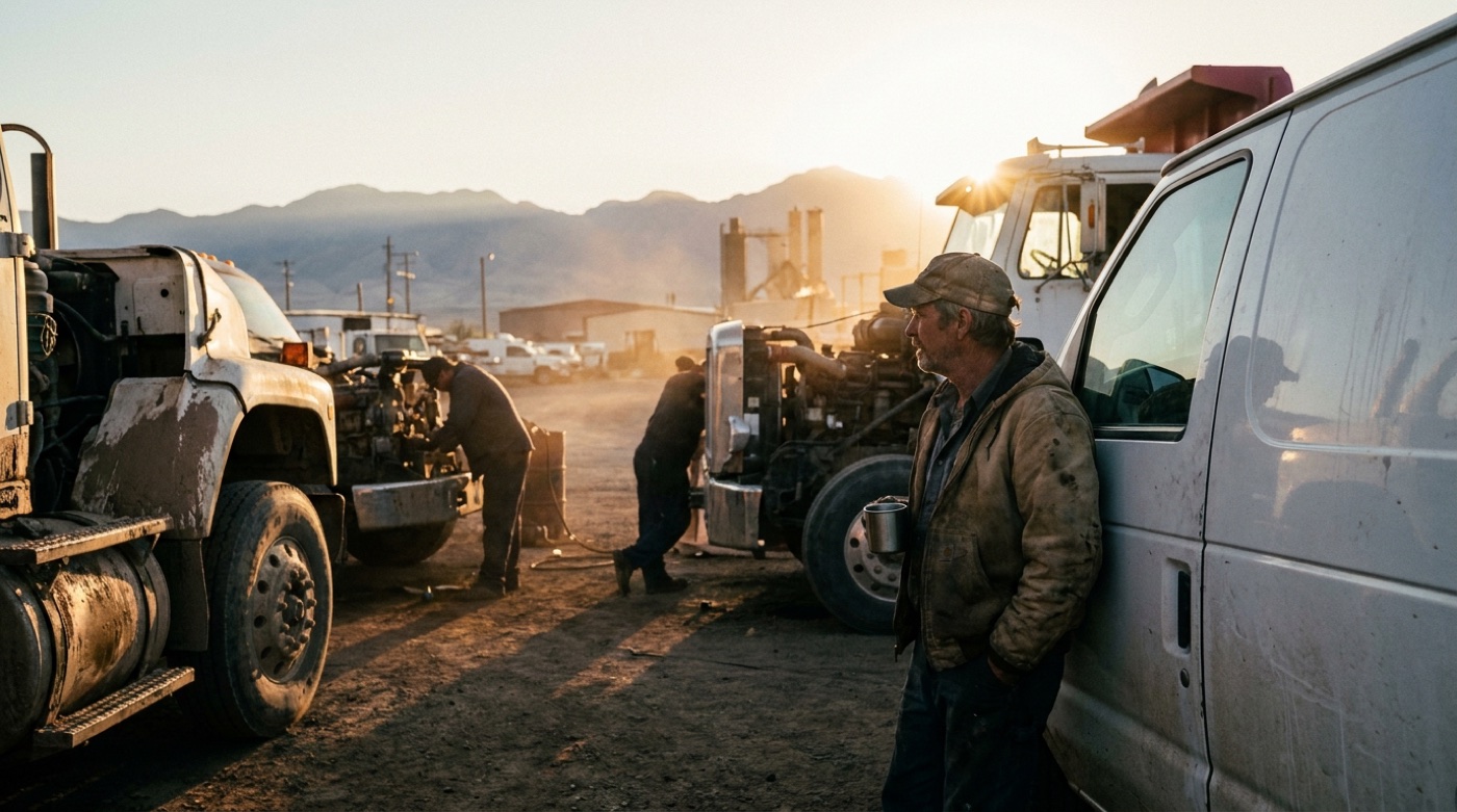 A diesel shop team gathered on the floor for a morning standup