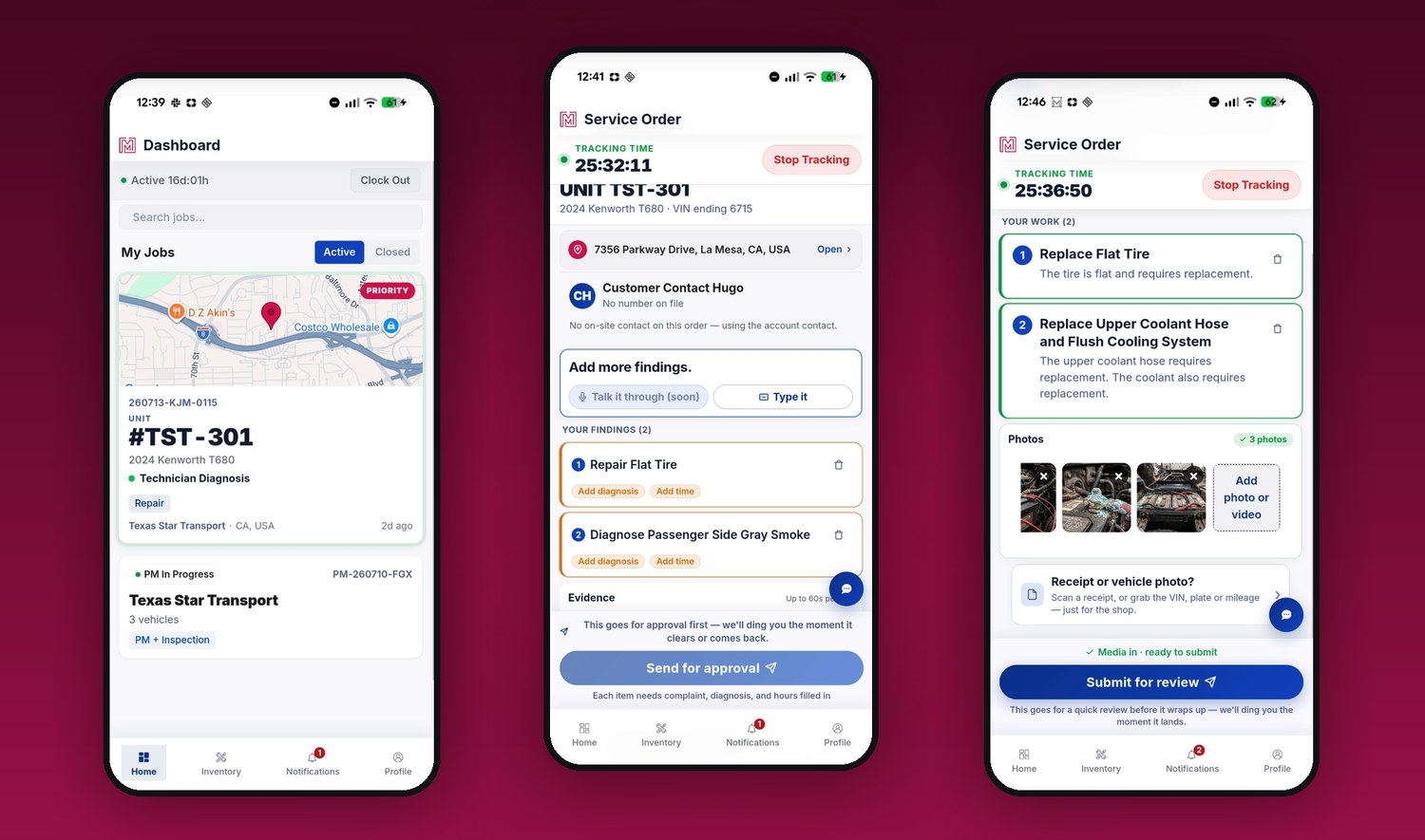 MetaFleet mobile app across three screens — the day's jobs, capturing findings, and submitting completed work with photos