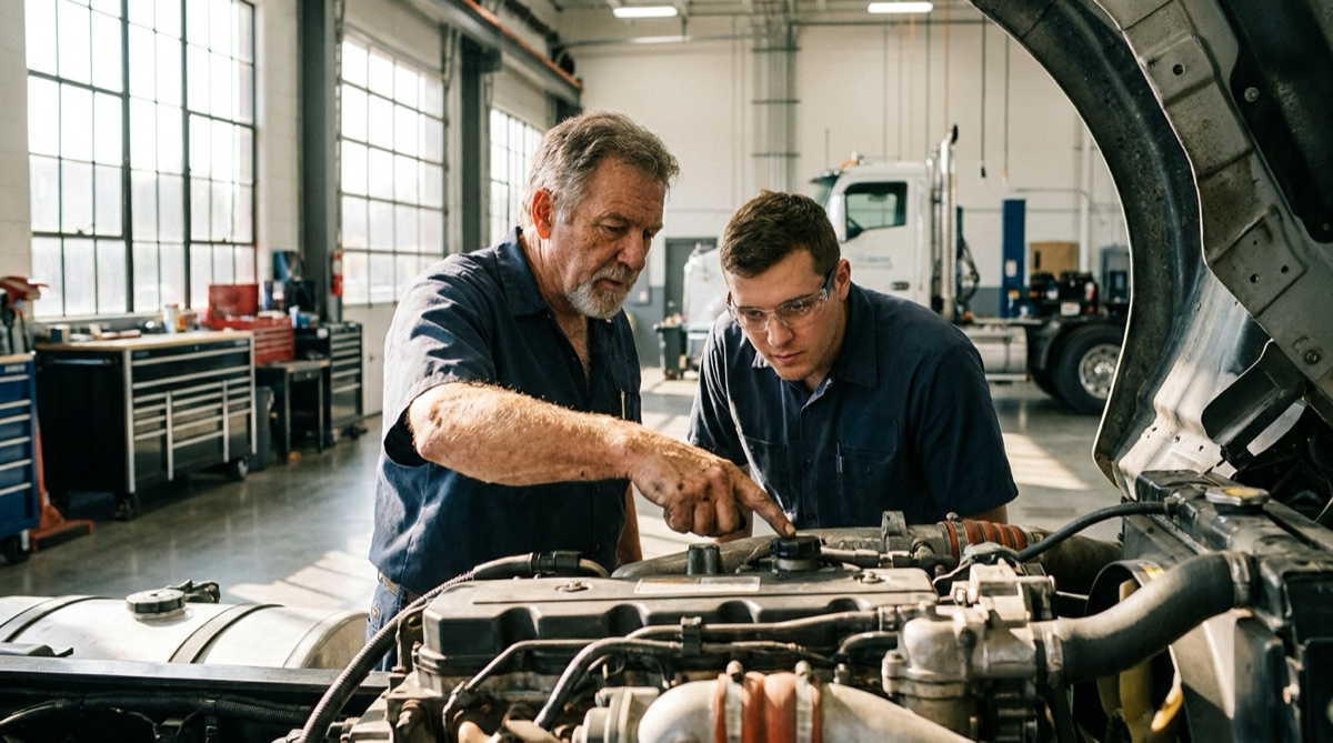 A veteran diesel technician showing a younger tech how a repair is done