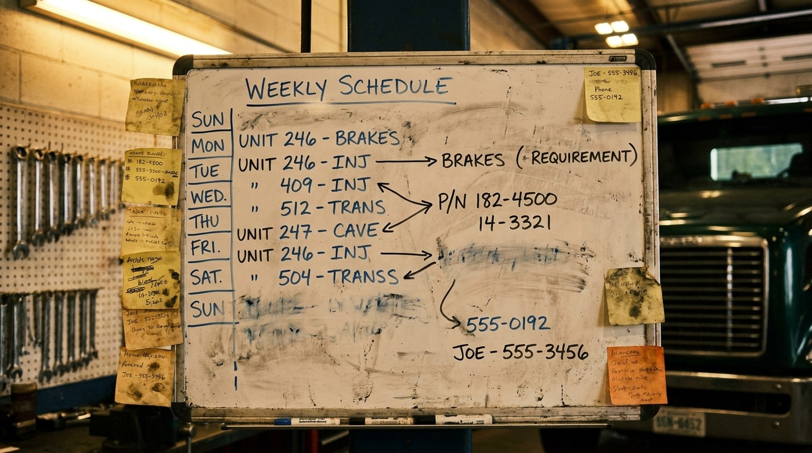 A worn diesel shop whiteboard crammed with the weekly schedule, unit and part numbers, and sticky notes — the tribal knowledge that lives in one place