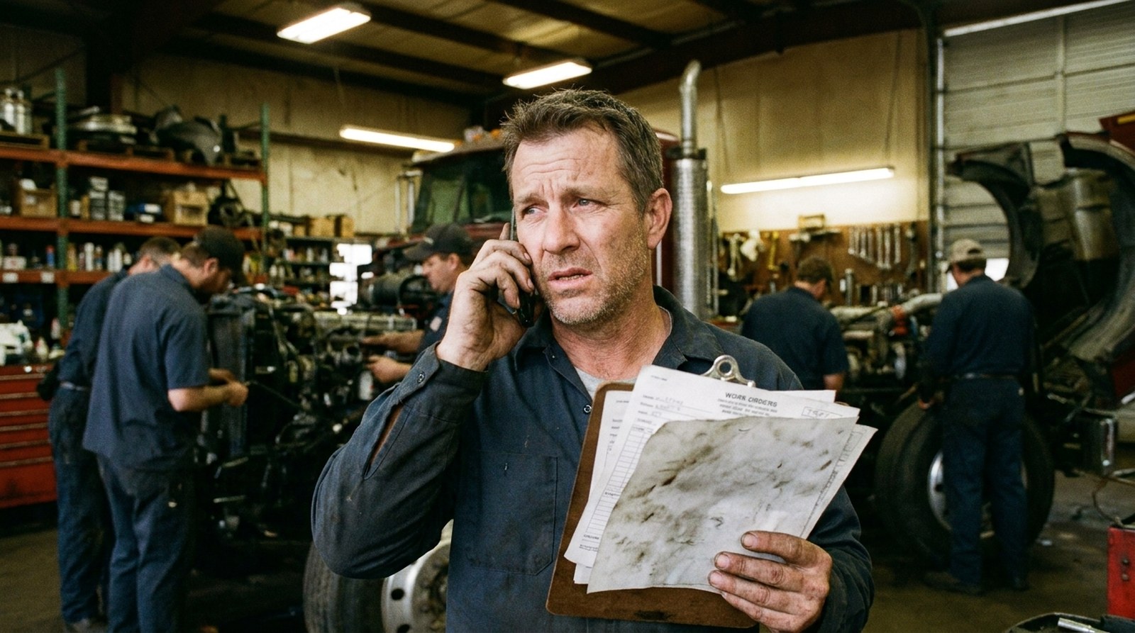 A diesel shop owner on the phone holding greasy work orders, pulled in several directions at once