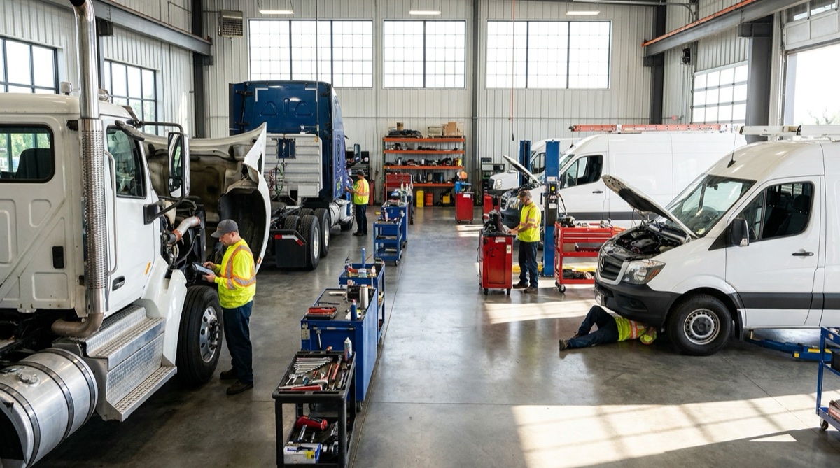 A busy multi-bay diesel shop with several trucks and technicians working at once