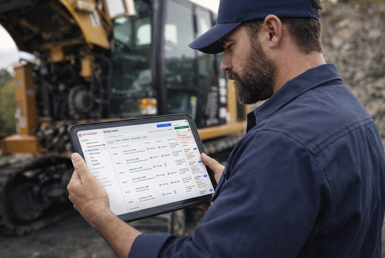 A diesel technician using MetaFleet on a tablet at the job site, the live service order on screen